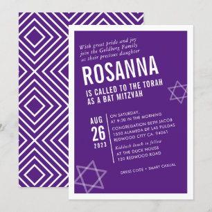 BOLD BAT MITZVAH, enkel modern vinkel lila vit Inbjudningar