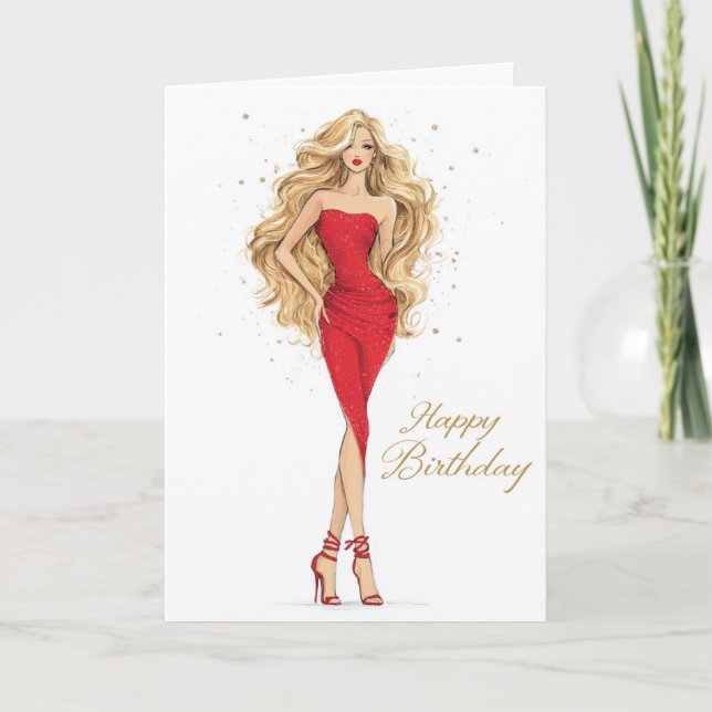Bold & Beautiful Red Dress Birthday Card Kort (Framsida)