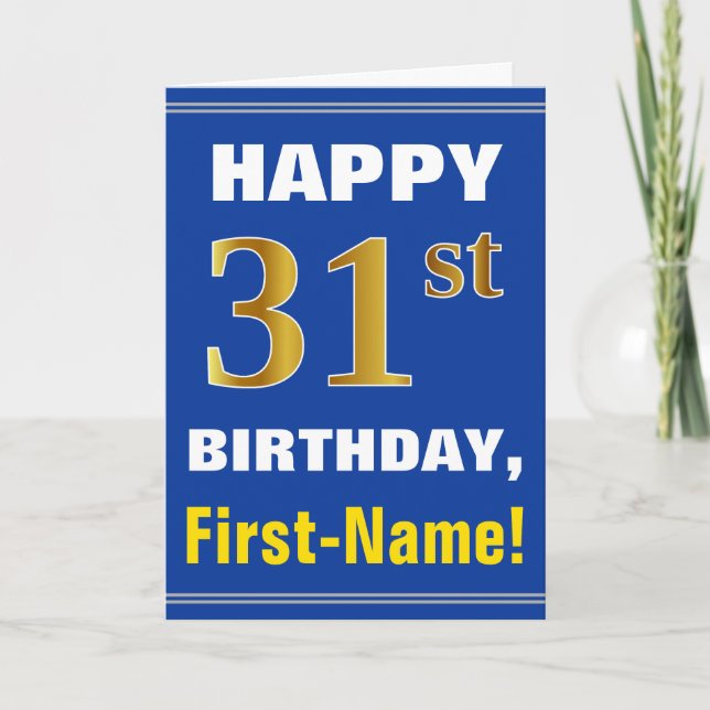 Bold, blå, Faux Guld 31a Birday w/ Namn Card Kort (Framsida)