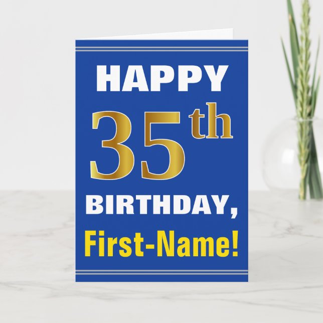 Bold, blå, Faux Guld 35e Birday w/ Namn Card Kort (Framsida)