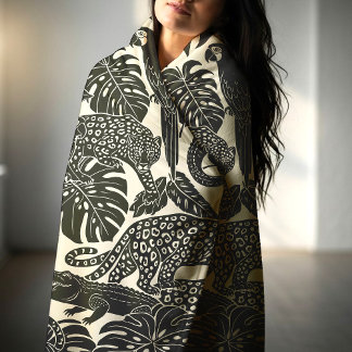 Bold Black and Cream Tropical Jungle Animals  Fleecefilt