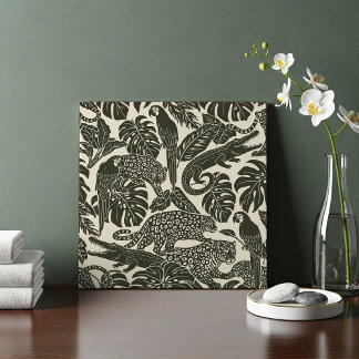 Bold Black and Cream Tropical Jungle Animals  Kakelplatta