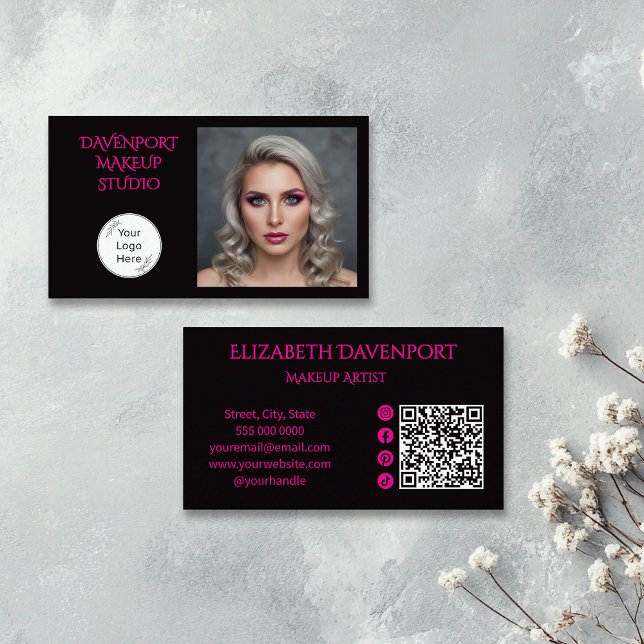 Bold Black and Hot Pink Social Icon QR Code Visitkort (Skapare uppladdad)