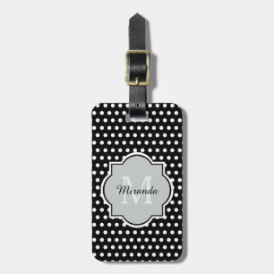 Bold Black and White Polka dots Monogram och Namn Bagagebricka