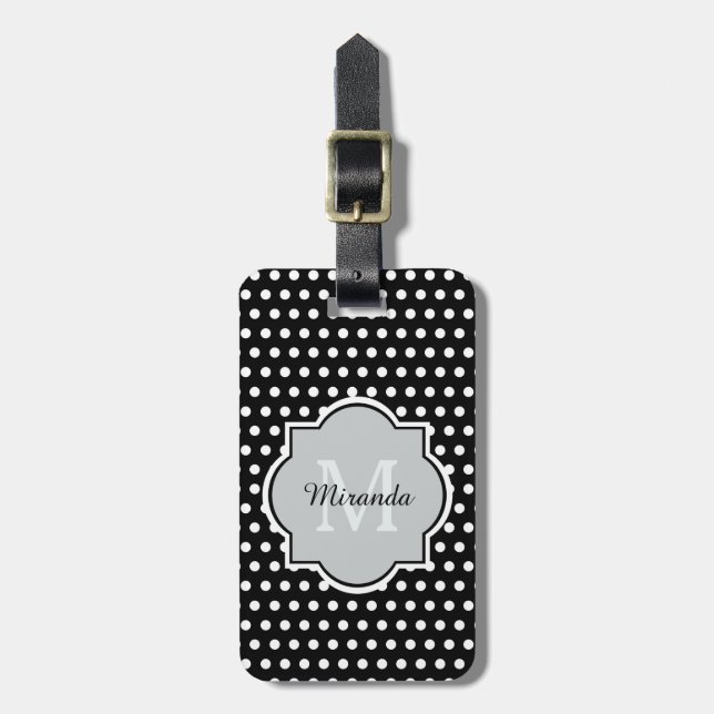 Bold Black and White Polka dots Monogram och Namn Bagagebricka (Vertikal Framsida)