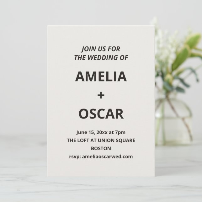 Bold Black Ivory Modern Wedding Typography Text Inbjudningar (Stående Fram)