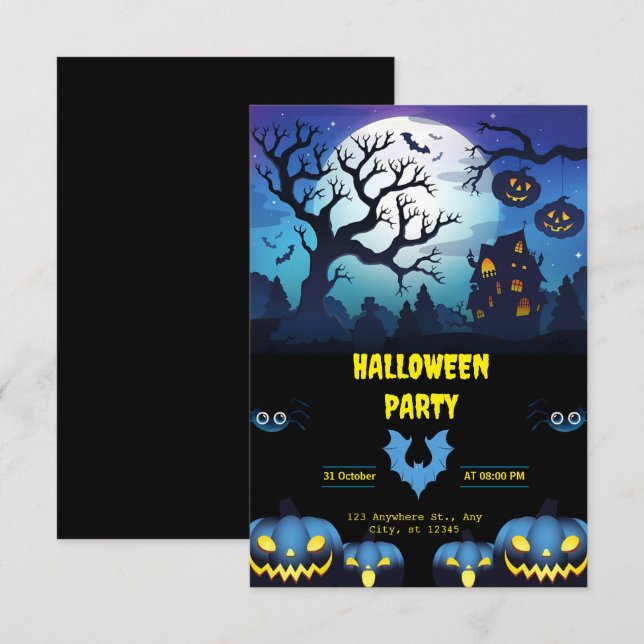 Bold Black och Blue Halloween fest Virtuell Inbjudningar (Fram/baksida)