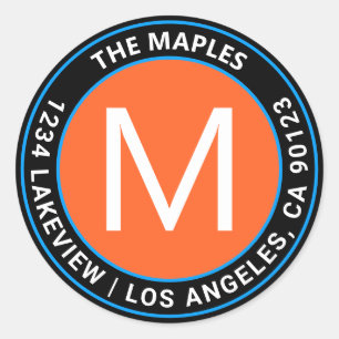 Bold Black-Orange, blå cirkelformad Returadress Runt Klistermärke