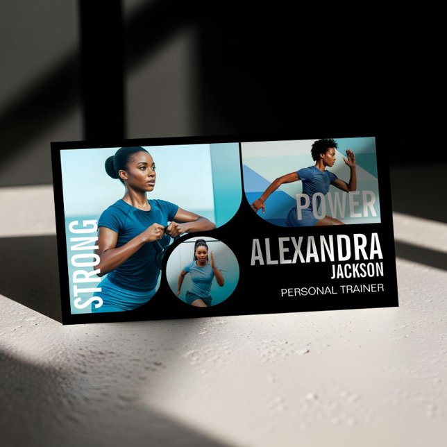 Bold Black Personal Trainer Fitness Gym Coach QR Visitkort (Trendy Wavy Photo Frame Personal Trainer Fitness Business Card)