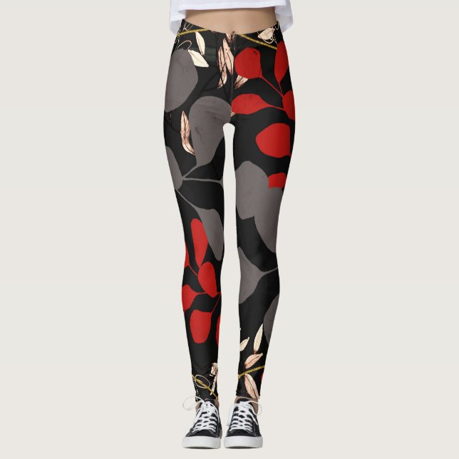 Bold Black Red Grått Botanical Blommigt Löv Leggings (Framsida)