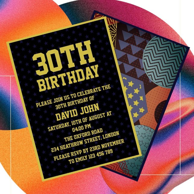 Bold Black Retro Pop 30års födelsedag-inbjudan Inbjudningar (Skapare uppladdad)