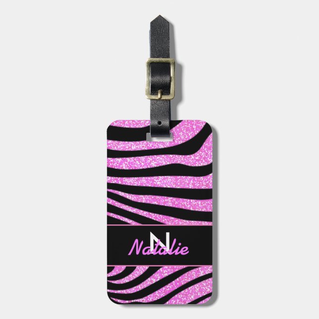 BOLD BLACK ZEBRA RÄNDER NAMN TEAL GLITTER BAGAGEBRICKA (Vertikal Framsida)