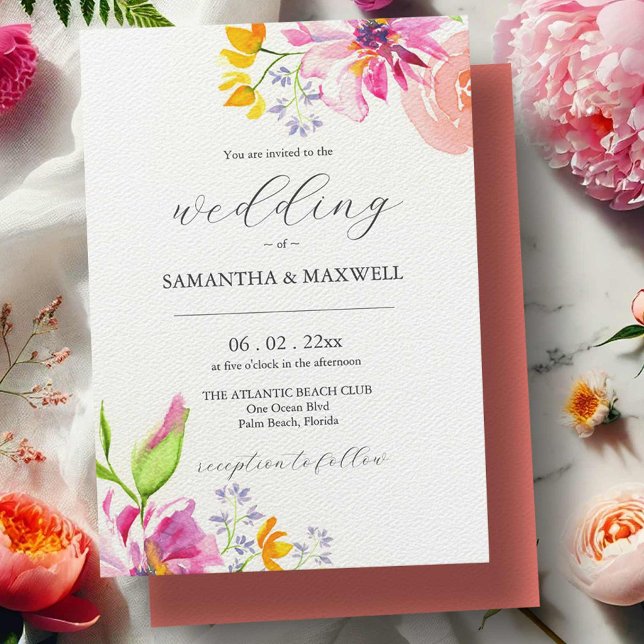 Bold Blommigt Bröllopsinbjudningar till Färg Inbjudningar (Watercolor bold floral blooms wedding invitations by Victoria Grigaliunas Do Tell A Belle)