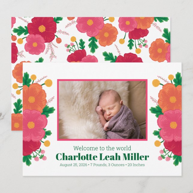 Bold Blooms Birth Notice Meddelande (Fram/baksida)