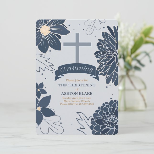 Bold Blue Botanicals med Kor Christening Inbjudningar (Stående Fram)