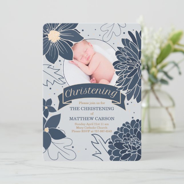 Bold Blue Botanicals med Photo Christening Inbjudningar (Stående Fram)