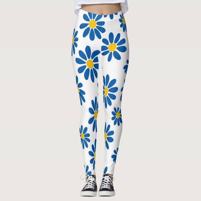 Bold Blue Daisy Floral Print Leggings (Framsida)