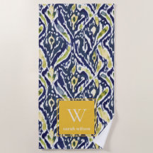 Bold Blue Gult Abstrakt Classy Ikat Monogram