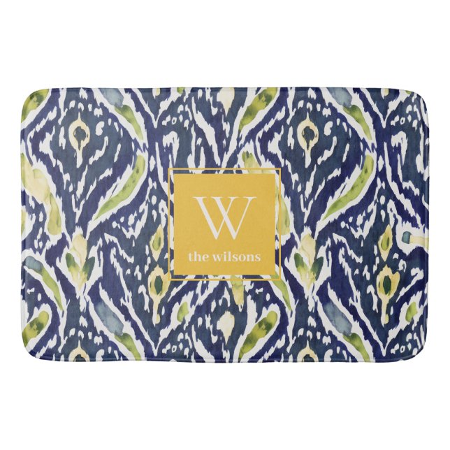 Bold Blue Gult Abstrakt Classy Ikat Monogram Badrumsmatta (Framsidan)