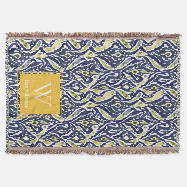 Bold Blue Gult Abstrakt Classy Ikat Monogram Filt (Framsidan)
