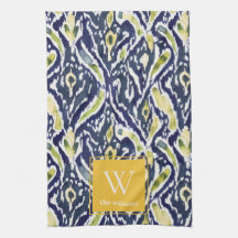 Bold Blue Gult Abstrakt Classy Ikat Monogram