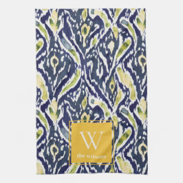 Bold Blue Gult Abstrakt Classy Ikat Monogram Kökshandduk