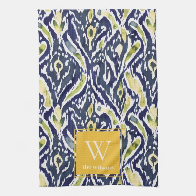 Bold Blue Gult Abstrakt Classy Ikat Monogram Kökshandduk (Vertikal)