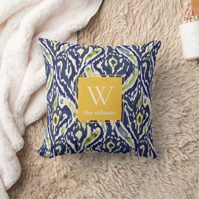 Bold Blue Gult Abstrakt Classy Ikat Monogram Kudde (Filt)