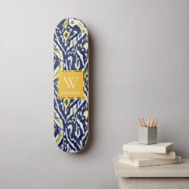 Bold Blue Gult Abstrakt Classy Ikat Monogram Mini Skateboard Bräda 18,5 Cm