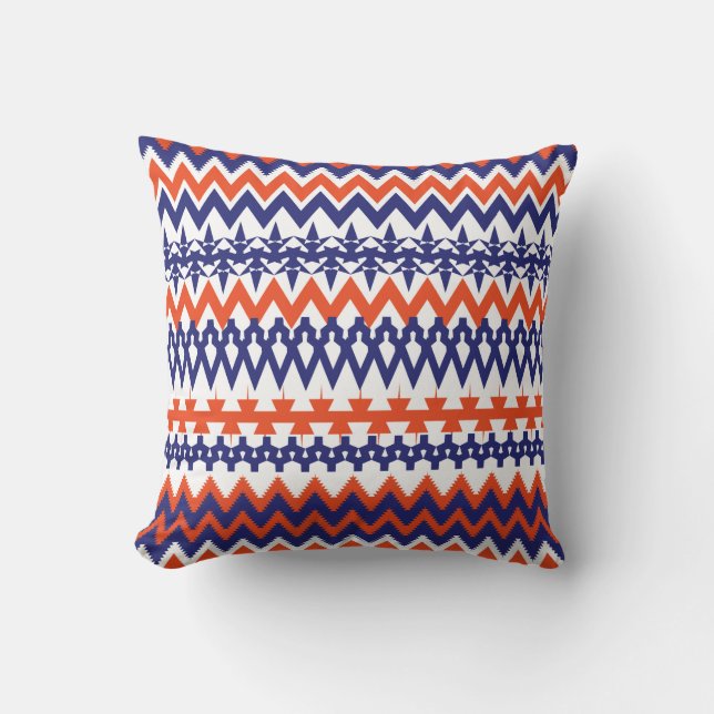 Bold Blue och Orange Tribal Chevron Mönster Kudde (Framsida)