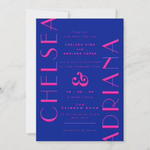 Bold Blue Rosa Art Deco Typography Bröllop Inbjudningar