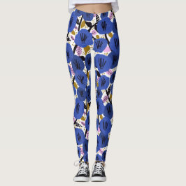 Bold Blue Rosa Guld Blommönster Leggings