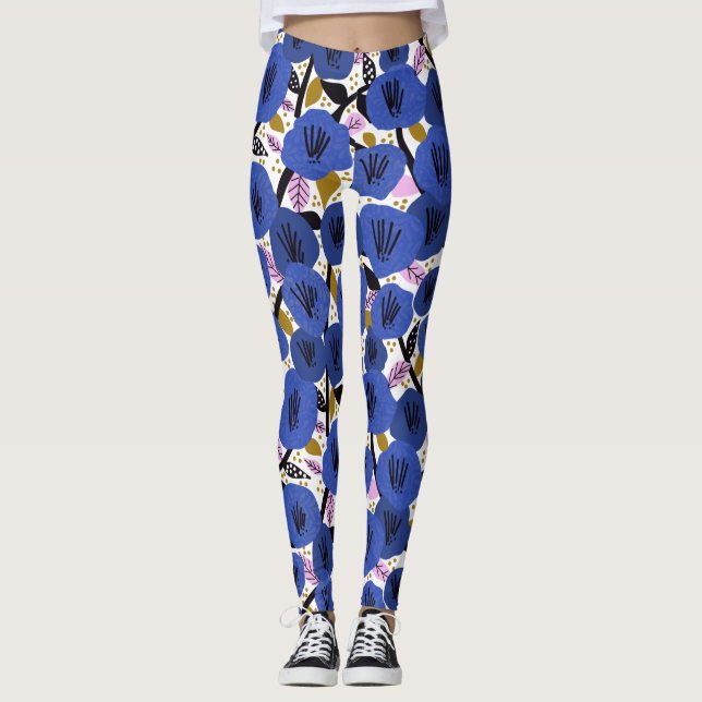 Bold Blue Rosa Guld Blommönster Leggings (Framsida)
