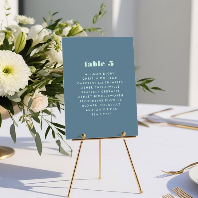 Bold Blue Typography-Bordsnumrets sittdiagram (Bold Blue Typography Wedding Table Number Seating Chart Card)