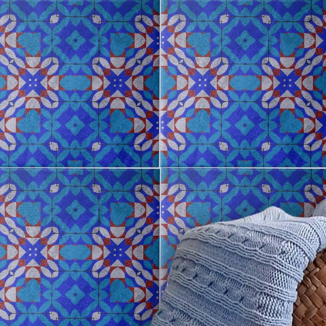 Bold Blue White Mosaic Geometric Mönster Kakelplatta (Skapare uppladdad)