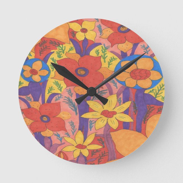 Bold Bohemian Orange Garden Print Rund Klocka (Framsida)