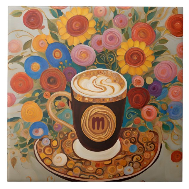 Bold Boho Blommigt Monogram kaffe Kopp Kakelplatta (Framsidan)