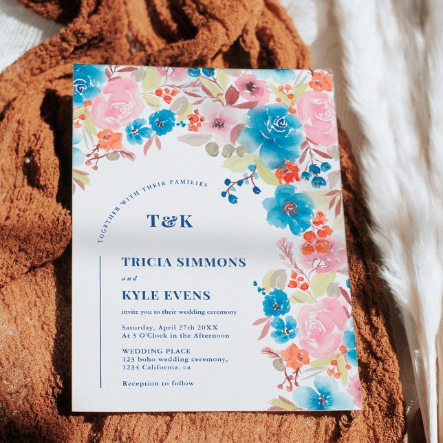 Bold Boho blue rosa vild blommigt Arch bröllop Inbjudningar (Bold Boho blue pink wild floral arch wedding Invitation)