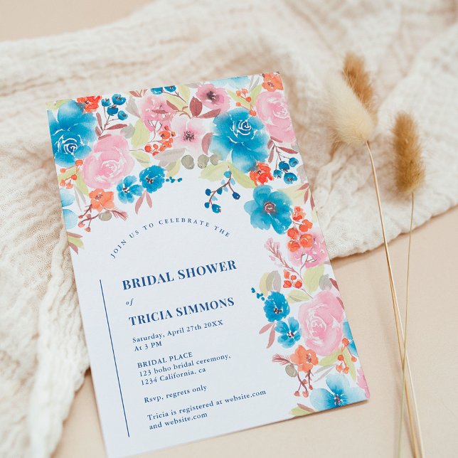 Bold Boho Blue rosa vild blommigt Arch möhippa Inbjudningar (Bold Boho blue pink wild floral arch bridal shower Invitation)