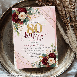 Bold Boho Deep Red Guld Flowers 80:e födelsedagen Inbjudningar