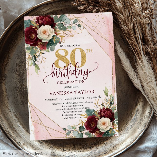 Bold Boho Deep Red Guld Flowers 80:e födelsedagen Inbjudningar (Bold Boho Deep Red Gold Flowers 80th Birthday Invitation)