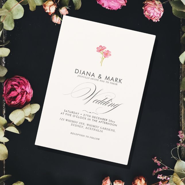 Bold Boho Rosa Trendig Wildblomme Unik Bröllop Inbjudningar (Skapare uppladdad)