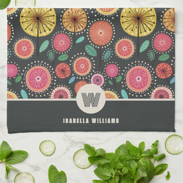 Bold Boho Scandi Folk Flowers Monogram Kökshandduk (Vikta)