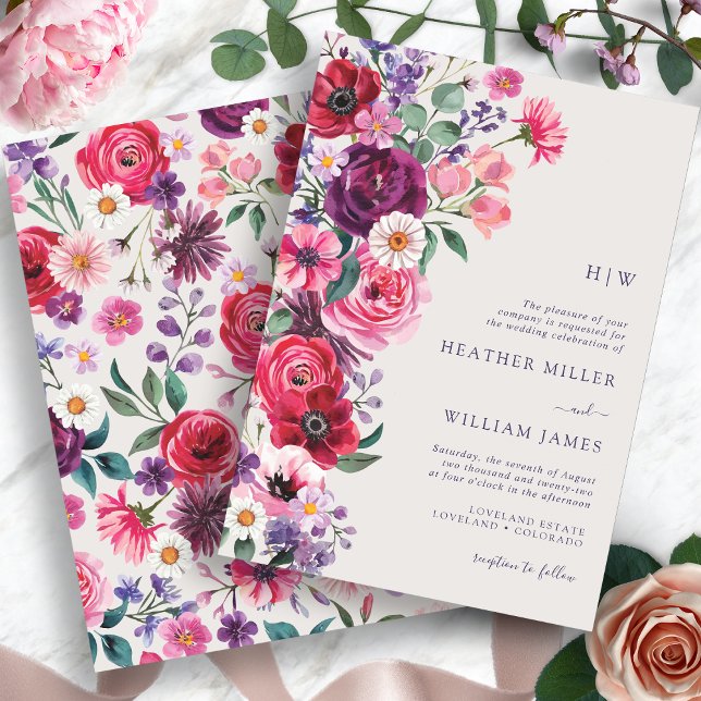 Bold Bright Blommigt Bröllop Inbjudningar (Bold Bright Watercolor Floral Wedding Invitation by Painted Paperie
)