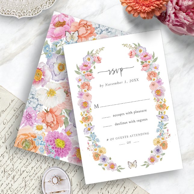 Bold Bright-Blommigt OSA kort (Bold Bright Watercolor Floral RSVP Card by Painted Paperie
)