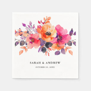 Bold Bright Rosa Orange Watercolor Blommigt Bröllo Pappersservett