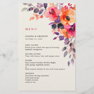 Bold Bright Rosa Orange Watercolor Bröllop Menu