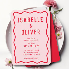 Bold Bright Rosa Red Squiggle Vågigt Retro Bröllop Inbjudningar