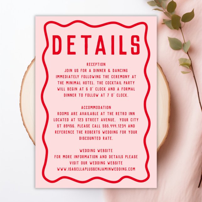 Bold Bright Rosa Red Squiggle Vågigt Retro Bröllop Tilläggskort (Bold Bright Pink Red Squiggle Wavy Retro Wedding Enclosure Card)