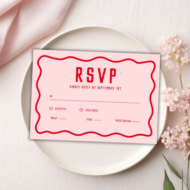 Bold Bright Rosa Red Squiggle Vågigt Retro Curve OSA Kort (Bold Bright Pink Red Squiggle Wavy Retro Curve RSVP Card)
